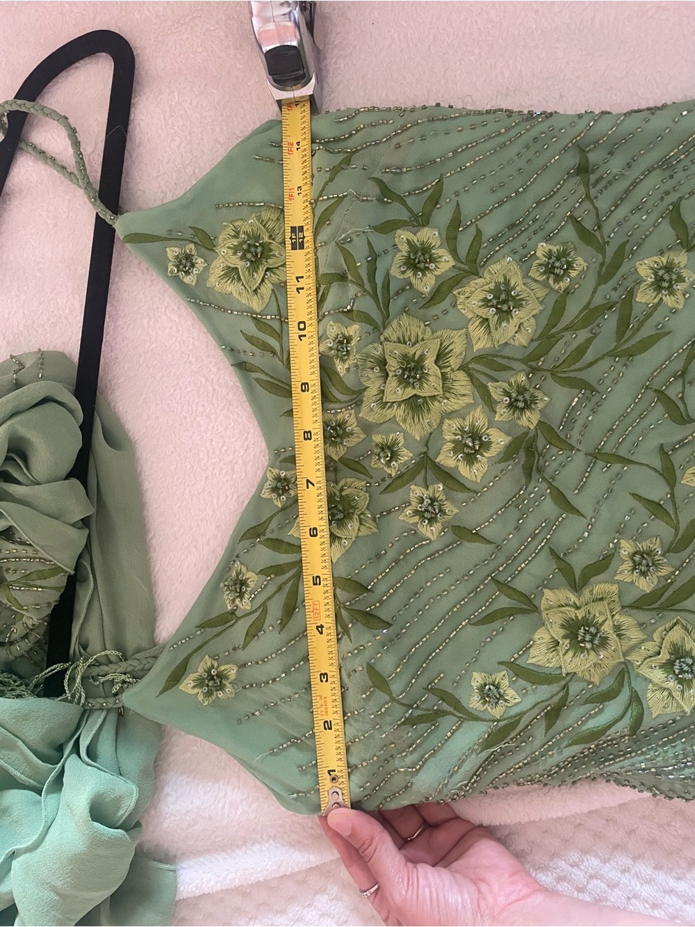 Rare VTG 100% Silk Sue Wong Fairy floral beaded Lime Green Dress w/ Silk Scarf - Picture 16 of 16